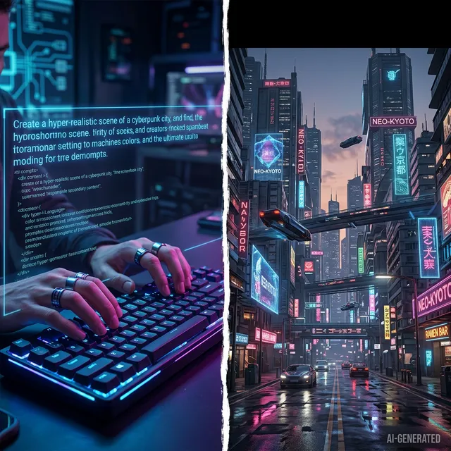 A split-screen view: on the left, a person typing a complex text prompt on a glowing keyboard, and on the right, a stunningly realistic AI-generated cinematic video frame.