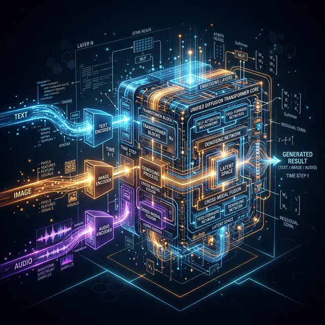 Technical architecture diagram of ltx 2.3 showing the Diffusion Transformer pipeline: text encoder, image encoder, audio encoder feeding into the unified DiT backbone.