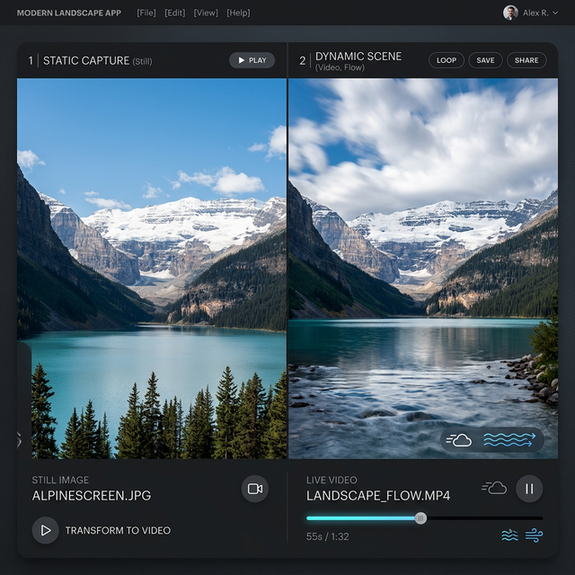 Split-screen: a still mountain landscape photo on the left transforming into a dynamic video with flowing clouds and moving water on the right.