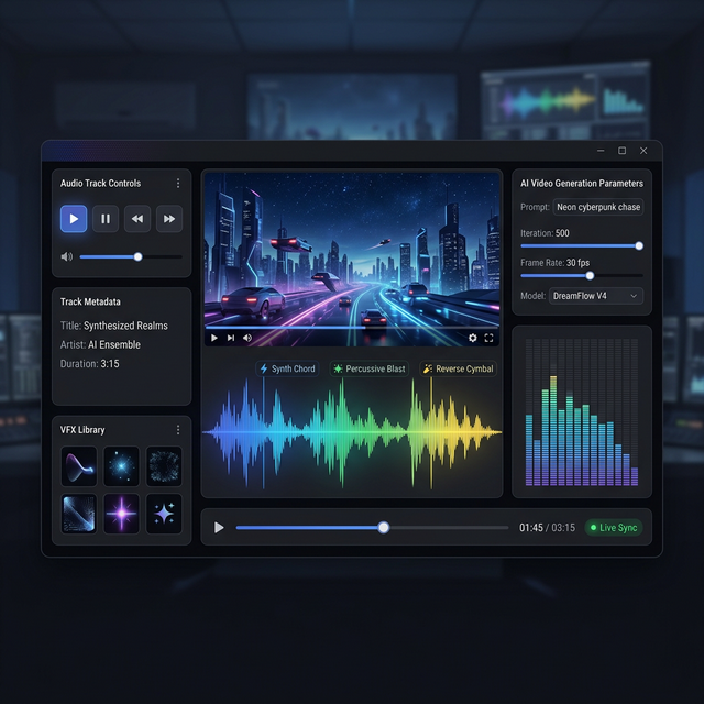 Audio waveform visualization synced to an AI-generated video scene with visual music/sound effect indicators.