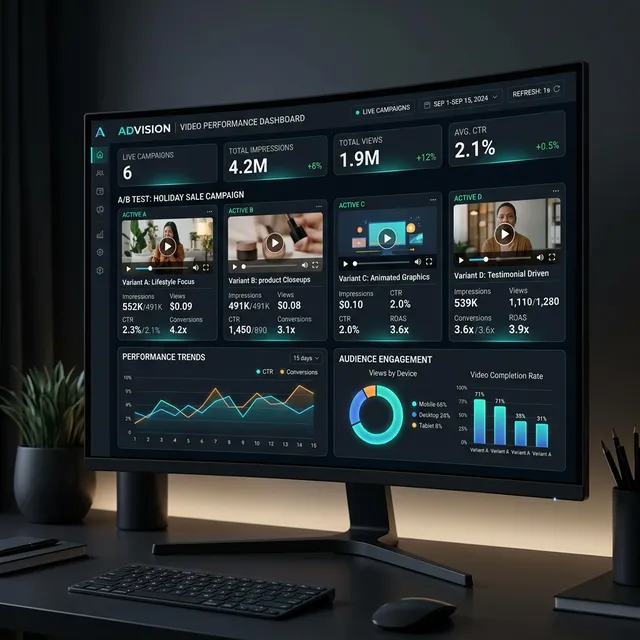 Modern marketing dashboard with glowing charts and video A/B test variants